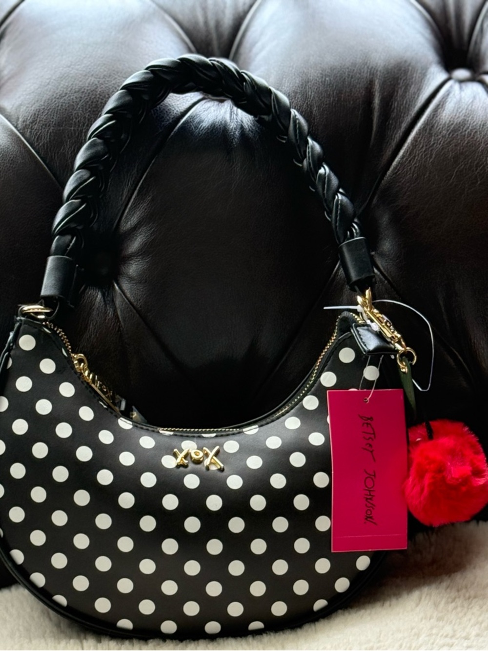 Betsey Johnson NWT Black & White Polka Dot Crescent Shoulder Bag with Red Pom